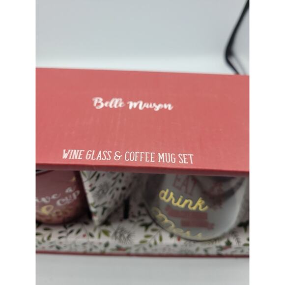 Belle Maison Seamless Wine Glass & Coffee Mug Set Christmas Gift Set Cheer Merry - Picture 2 of 4